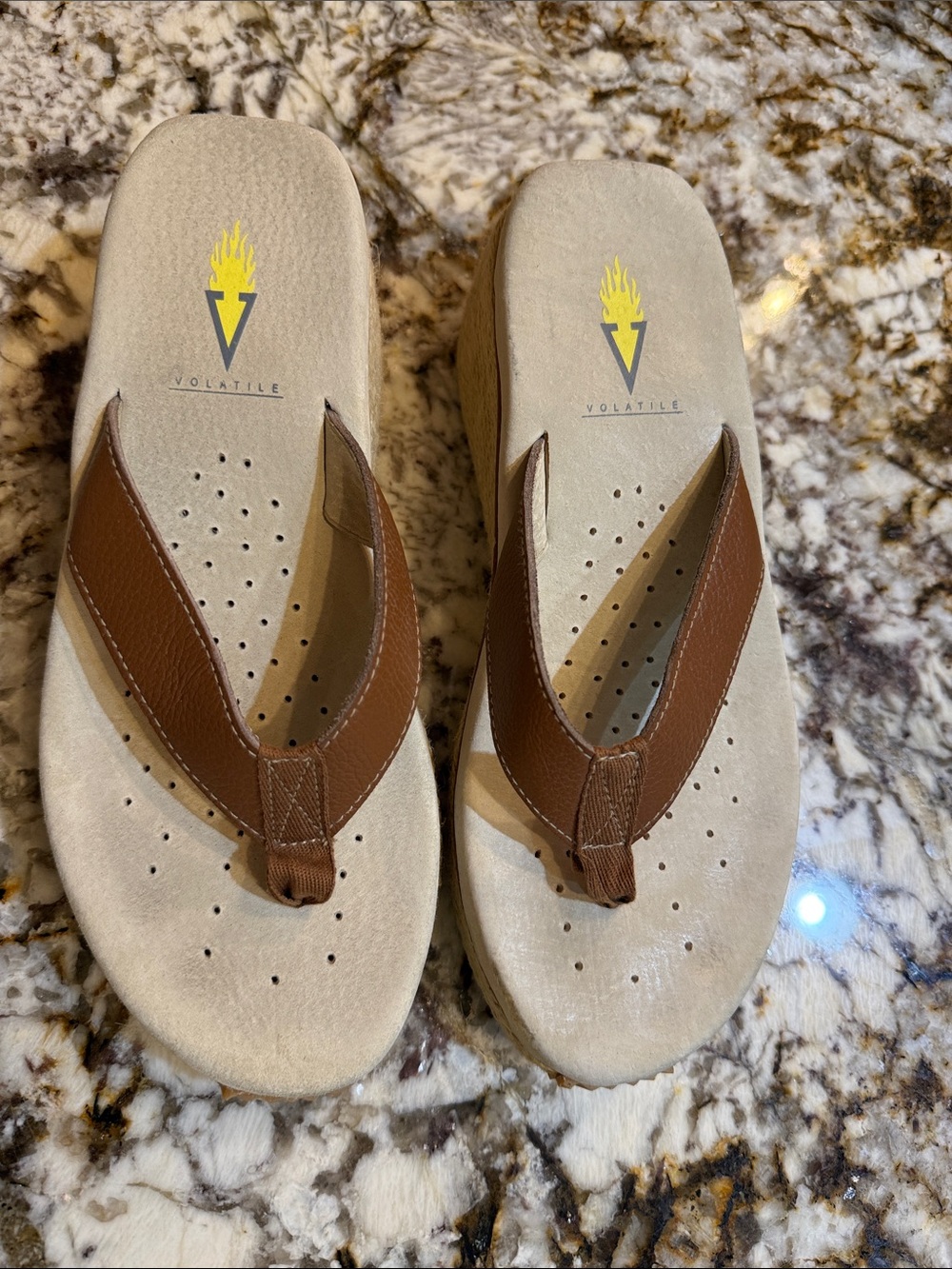 Volatile Brown and Beige Wedge Thong Sandals